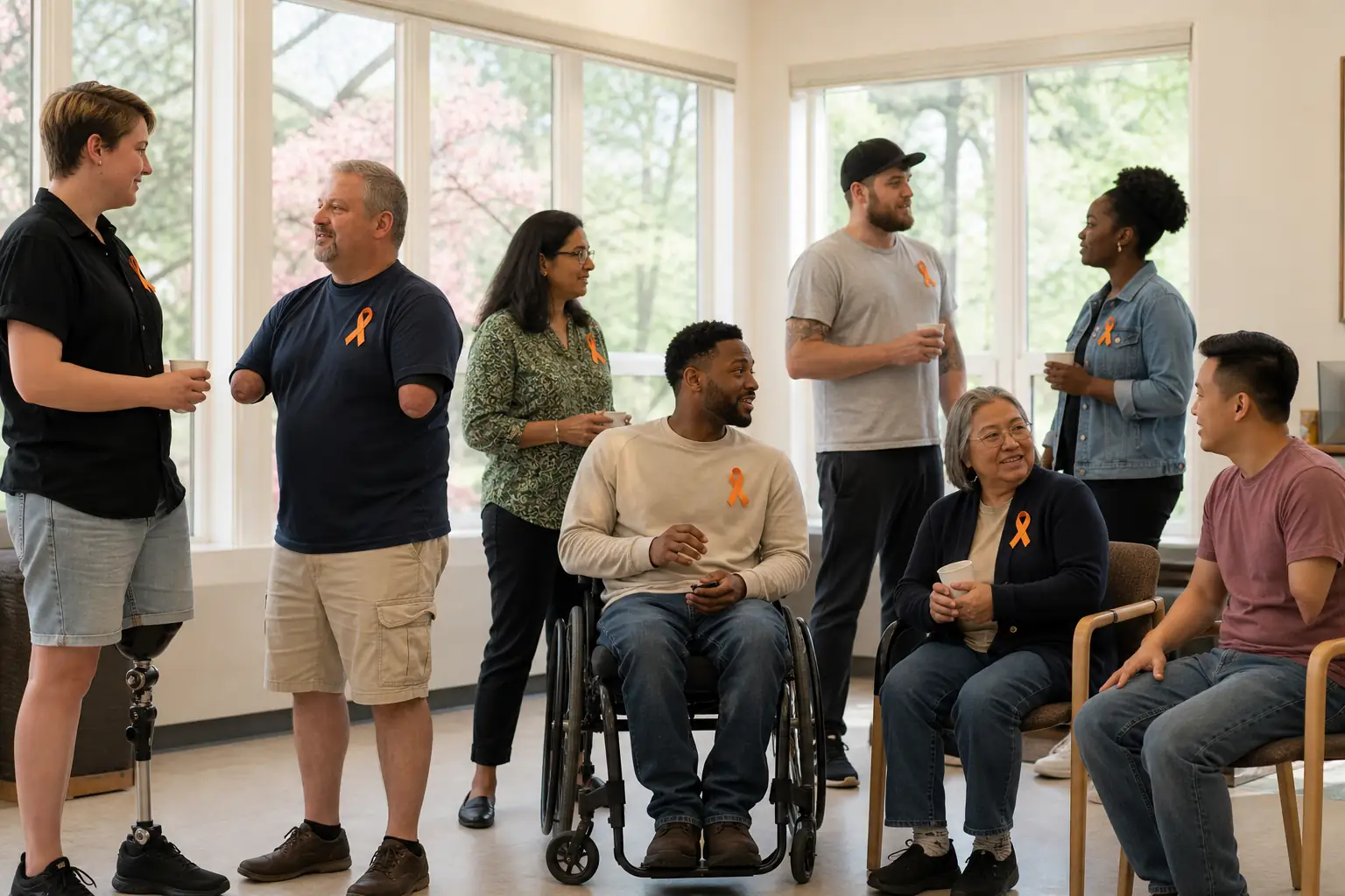 Diverse group of adults with various limb differences gathered indoors wearing orange awareness ribbons
