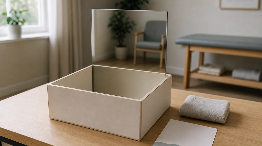 Mirror therapy box with an upright mirror panel set up on a wooden therapy table for phantom limb pain exercises