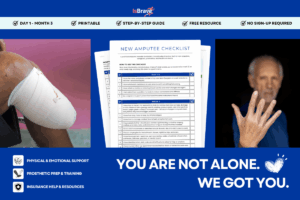 Featured image for the New Amputee Checklist showing a bandaged residual limb, printable recovery checklist, and amputee support messaging for prosthetic recovery, rehabilitation, and insurance guidance.