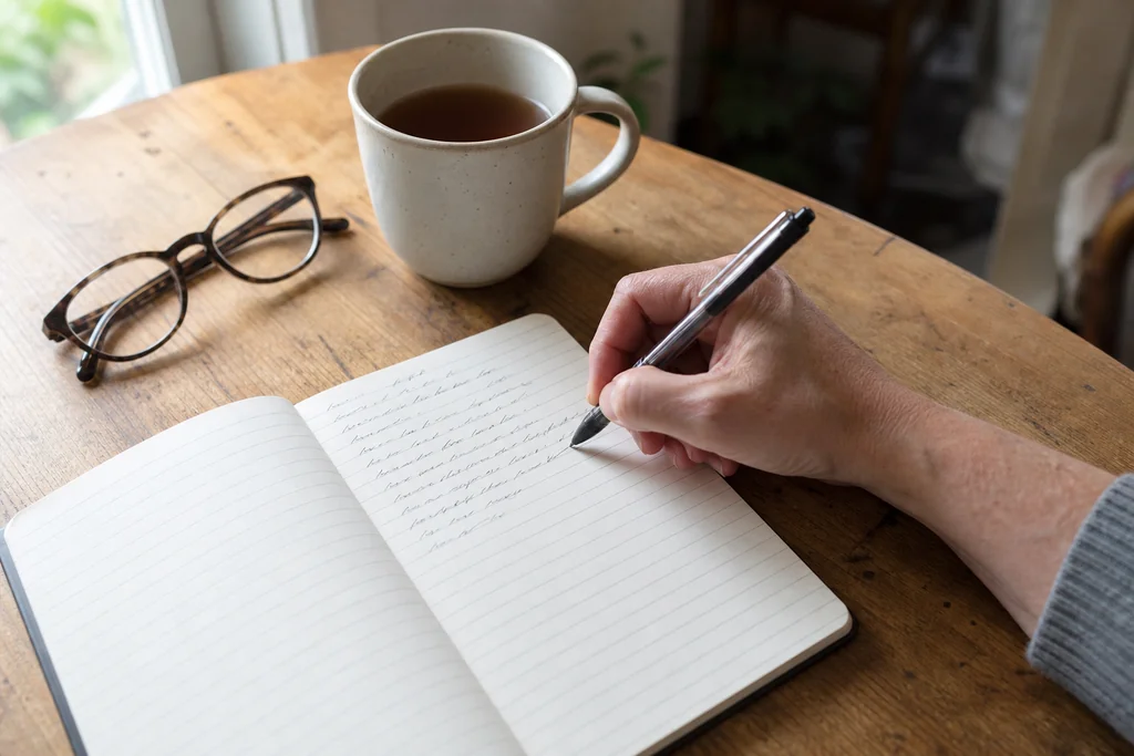 Hand writing notes in an open notebook on a home table next to a mug, tracking what affects daily pain