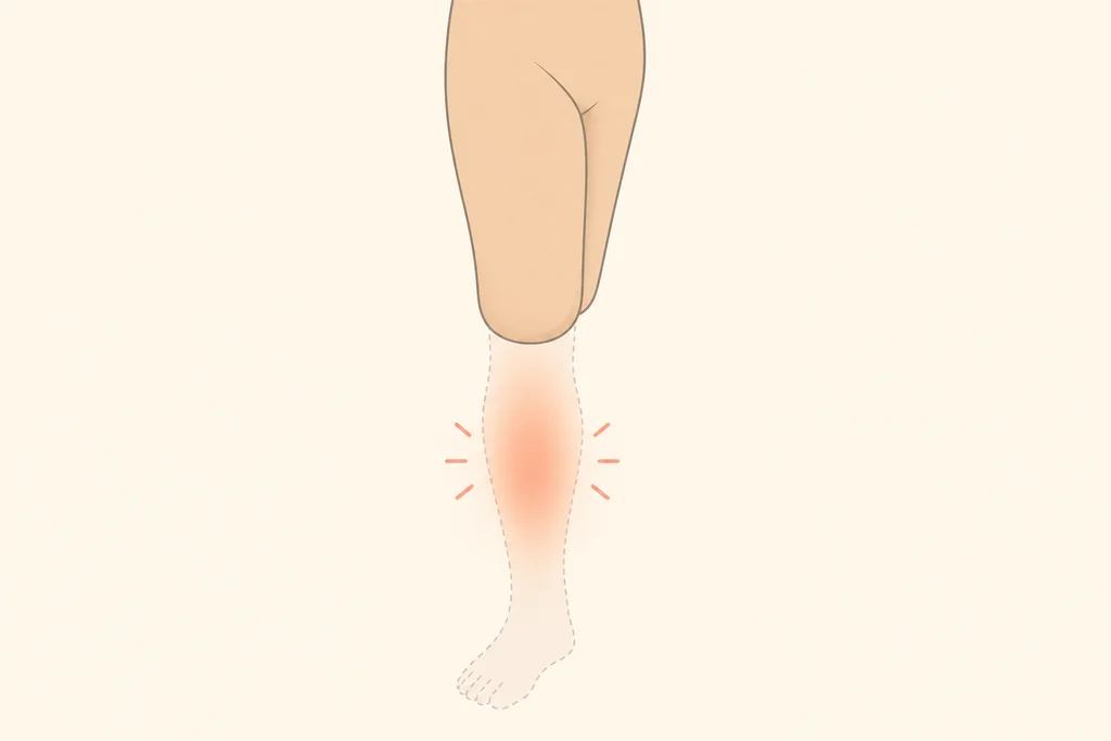 Illustration of an above-knee residual limb with a faded outline of the missing lower leg and a glow showing phantom pain