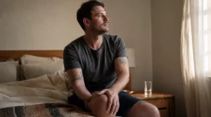 Adult amputee sitting on the edge of a bed in soft morning light in a reflective moment