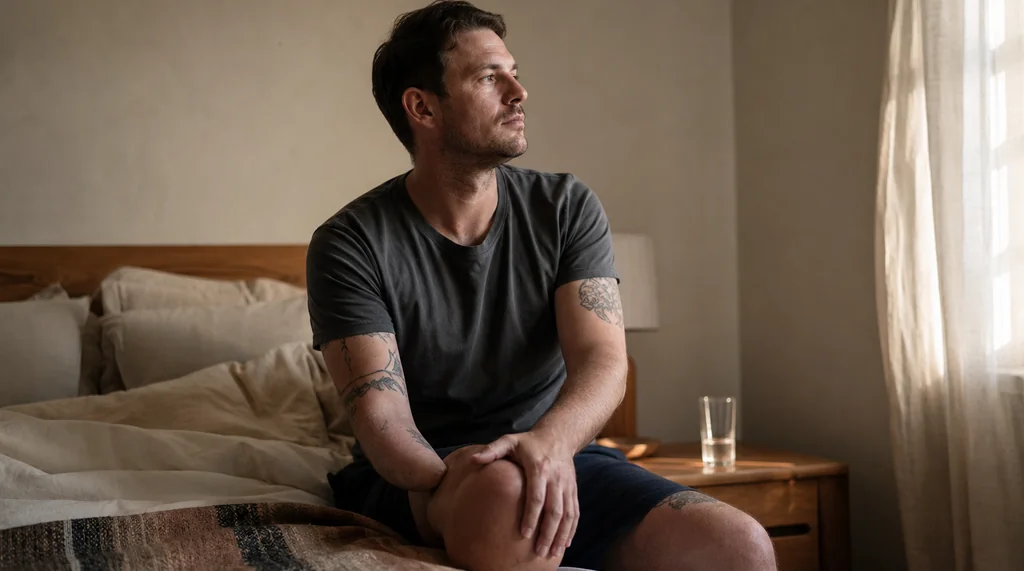 Adult amputee sitting on the edge of a bed in soft morning light in a reflective moment