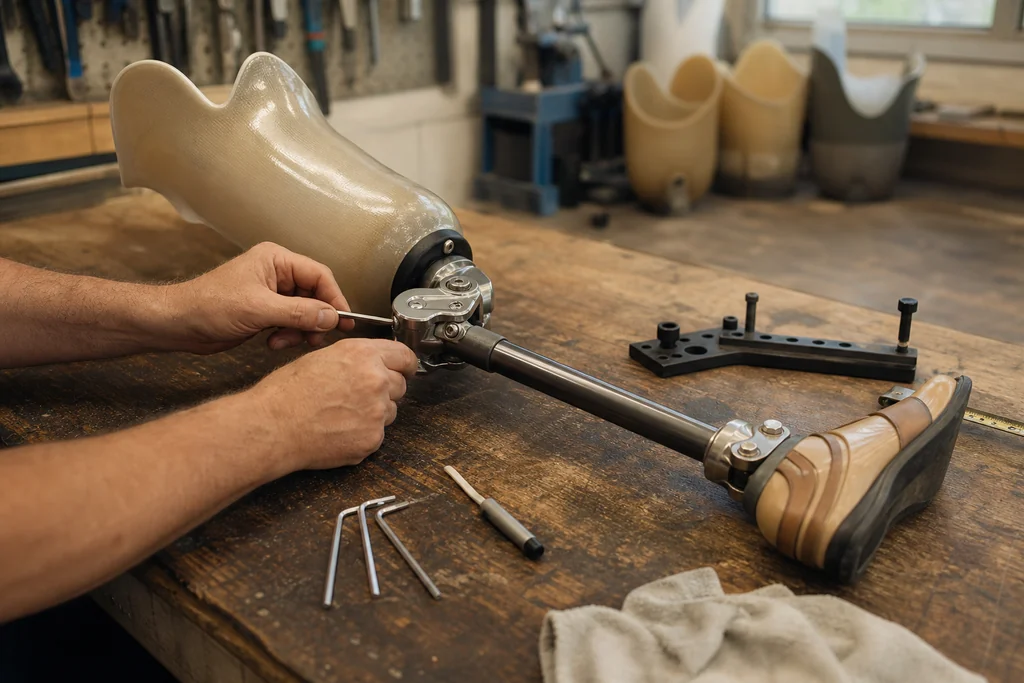 Prosthetist hands aligning an above-knee prosthetic leg with a hex wrench on a workshop bench