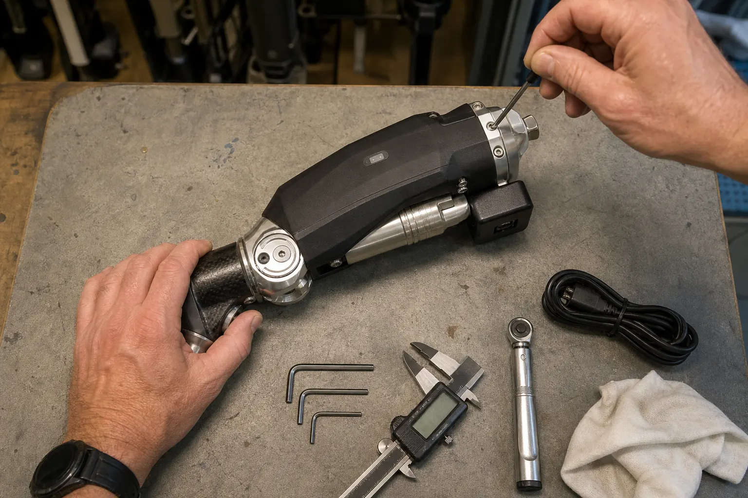 Close-up of skilled hands adjusting a carbon-fiber microprocessor prosthetic knee on a workbench with digital caliper, torque wrench, and allen keys visible