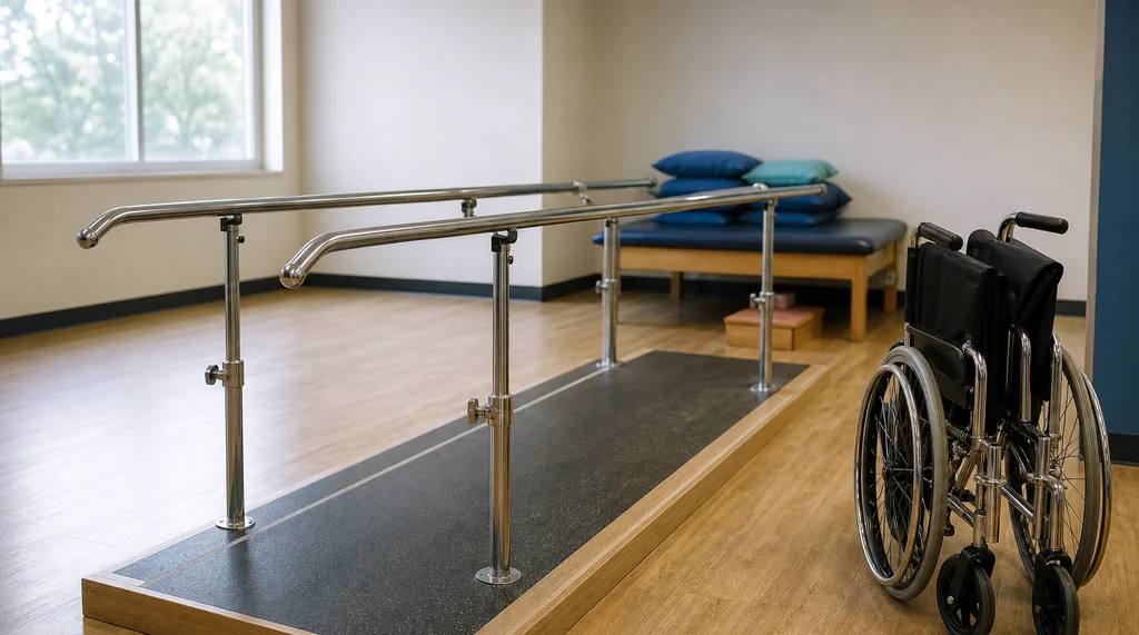 Empty rehabilitation parallel bars with a folded wheelchair at the entry, soft daylight on a wood floor