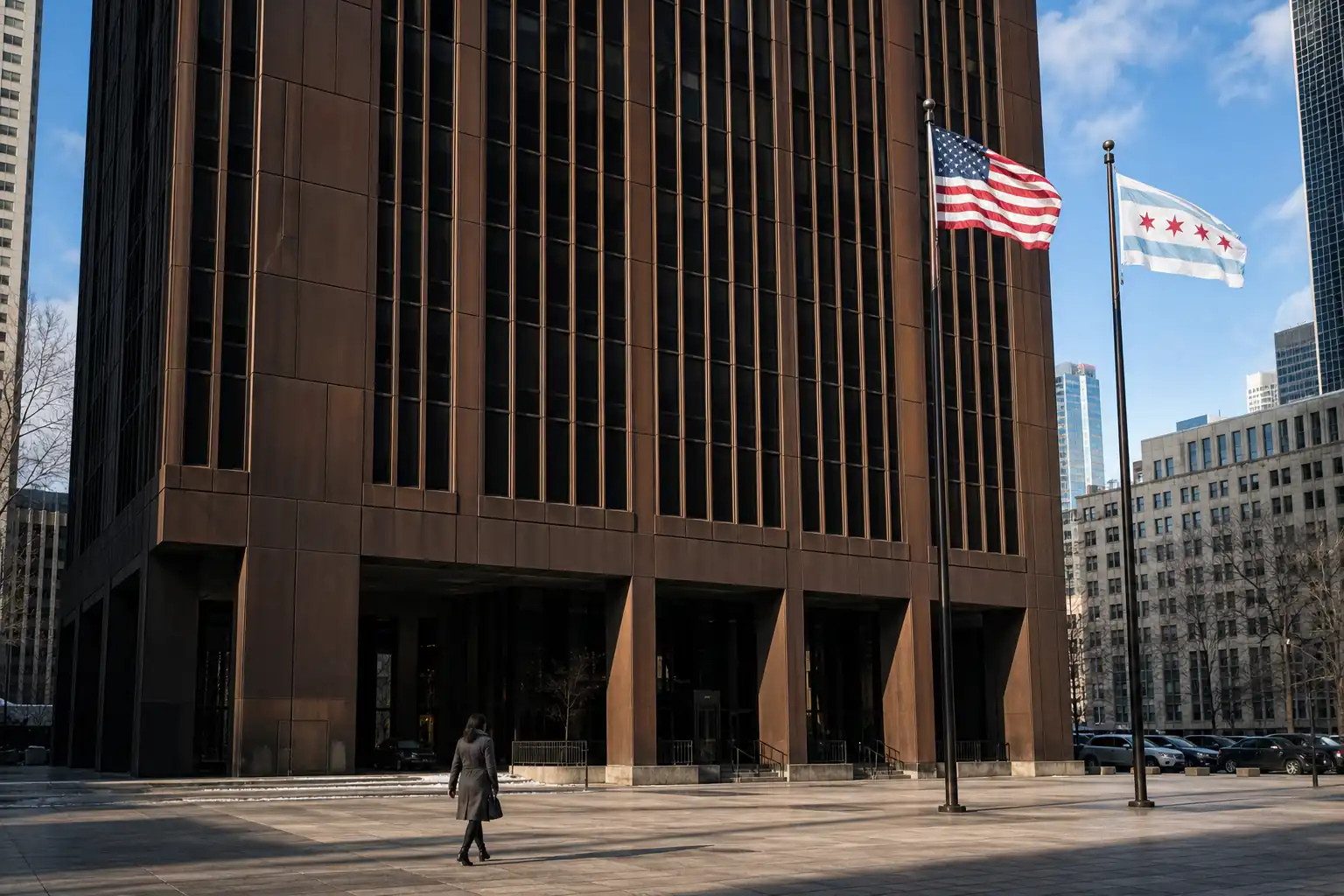Tall mid-century civic tower with bronze Cor-Ten steel facade and recessed dark windows on a public plaza in downtown Chicago with American flag and Chicago city flag in the foreground