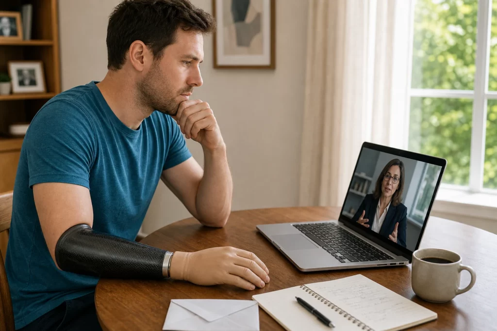Young man amputee with a modern multi-articulating myoelectric arm prosthesis sitting at his dining table on a video call with his attorney considering whether to hire her