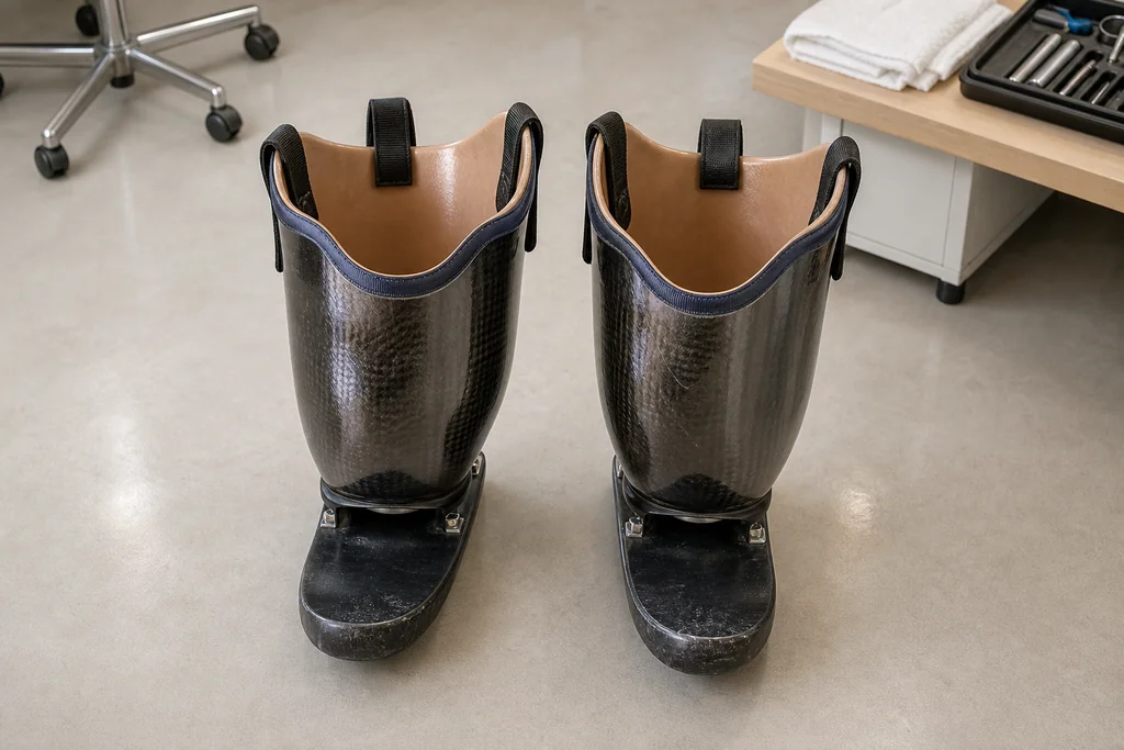 Pair of stubbies prosthetic legs with carbon-style sockets and short rocker bases on a clinic floor