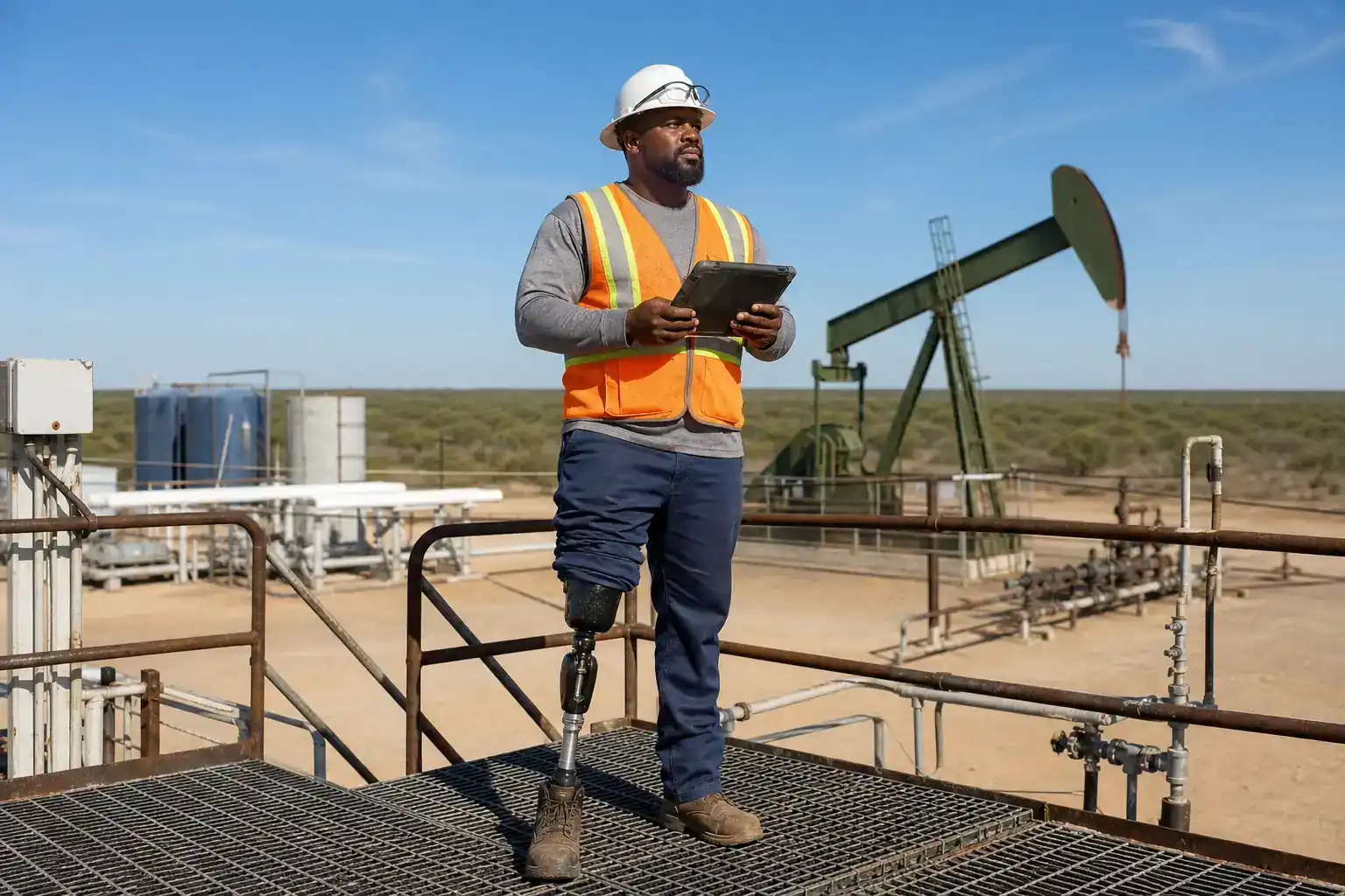 Black man amputee with above-knee prosthesis in hard hat and high-visibility vest holding a tablet on a steel walkway at a Texas oilfield pump station