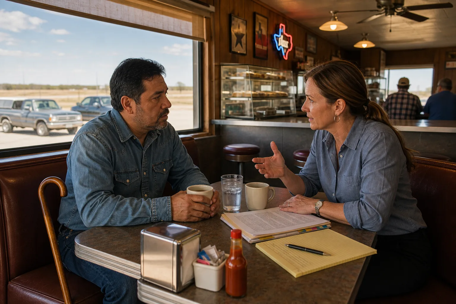 Latino Texan man and his trial attorney having an informal first consultation in a vinyl booth at a Texas roadside diner, a wooden walking cane leaning against the booth beside him