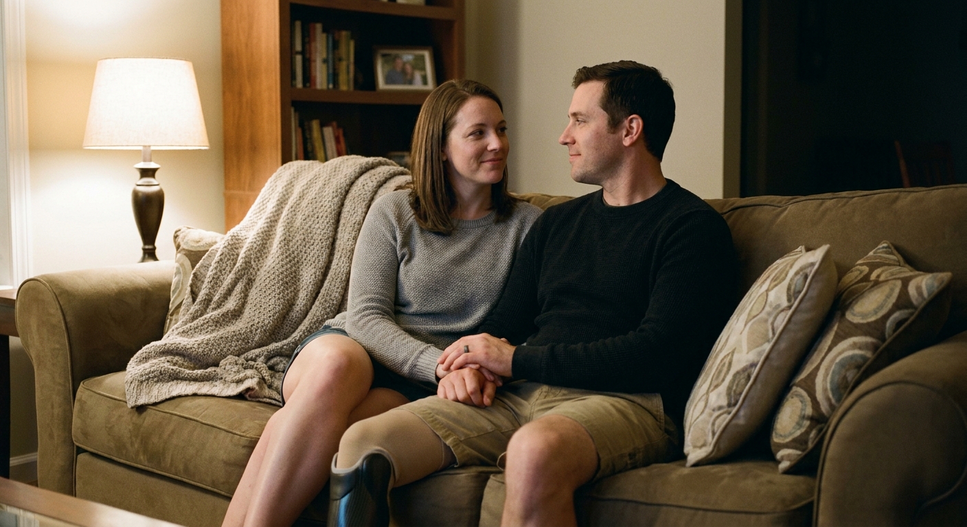 Couple sitting close and talking on a sofa at home, one partner with a prosthetic leg