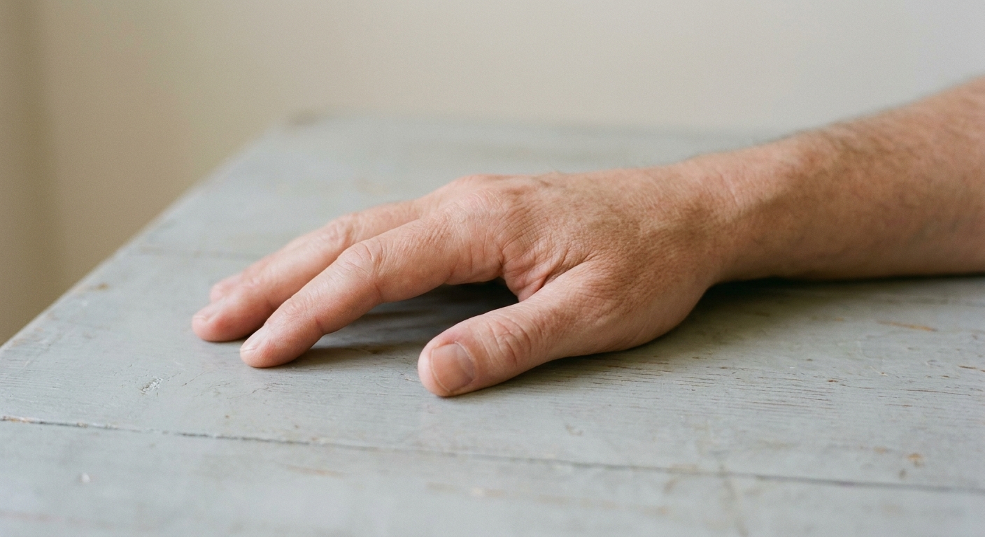 Adult hand with a partial thumb difference resting on a table