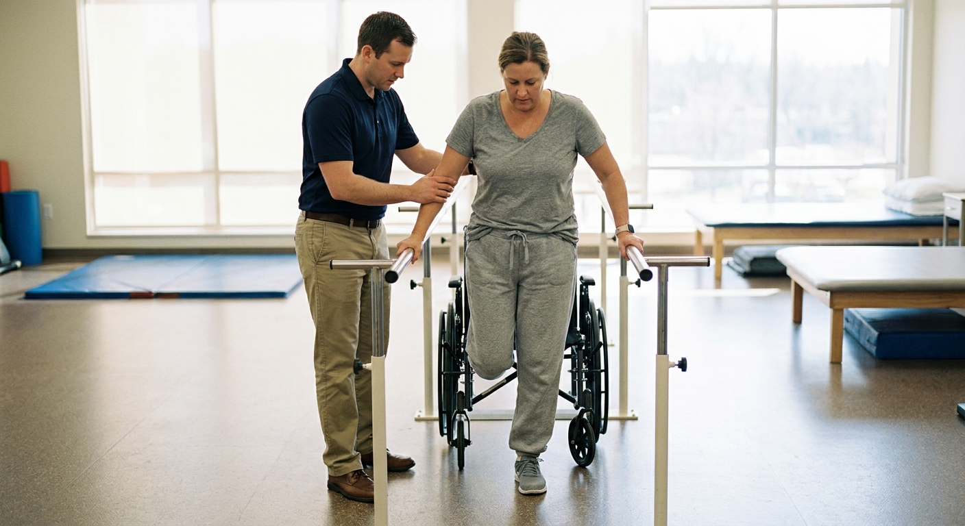 Physical therapist helping a woman with high-level limb loss practice standing balance between parallel bars in rehab
