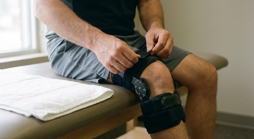 Person fastening a black hinged knee brace around their knee on a clinic table