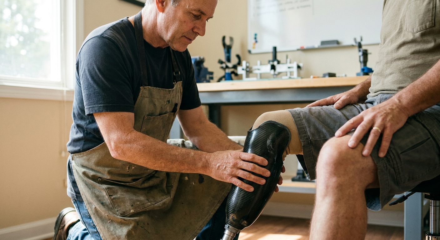 Prosthetist adjusting a carbon-fiber below-knee prosthetic leg during a fitting appointment