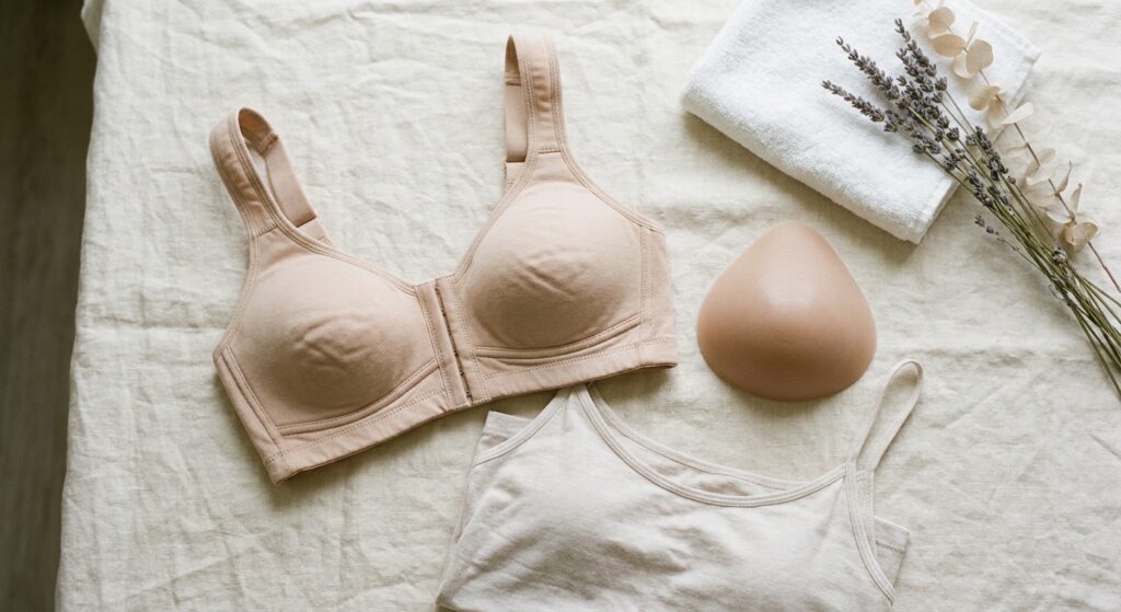 Pocketed mastectomy bra, silicone breast form, and soft camisole arranged on linen