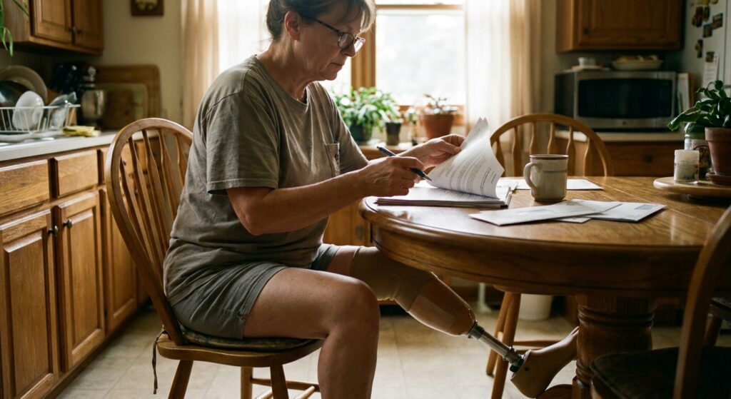 Woman with a below-knee prosthetic leg reviewing Medicare paperwork at a kitchen table