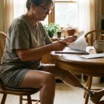 Woman with a below-knee prosthetic leg reviewing Medicare paperwork at a kitchen table