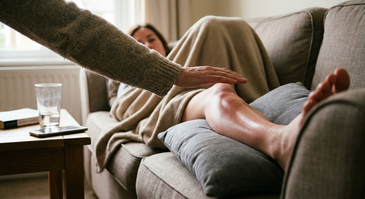 Person resting on a sofa with a reddened CRPS-affected lower leg elevated on a cushion