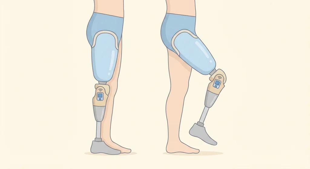 Side-by-side illustration of a prosthetic knee in stance phase and swing phase