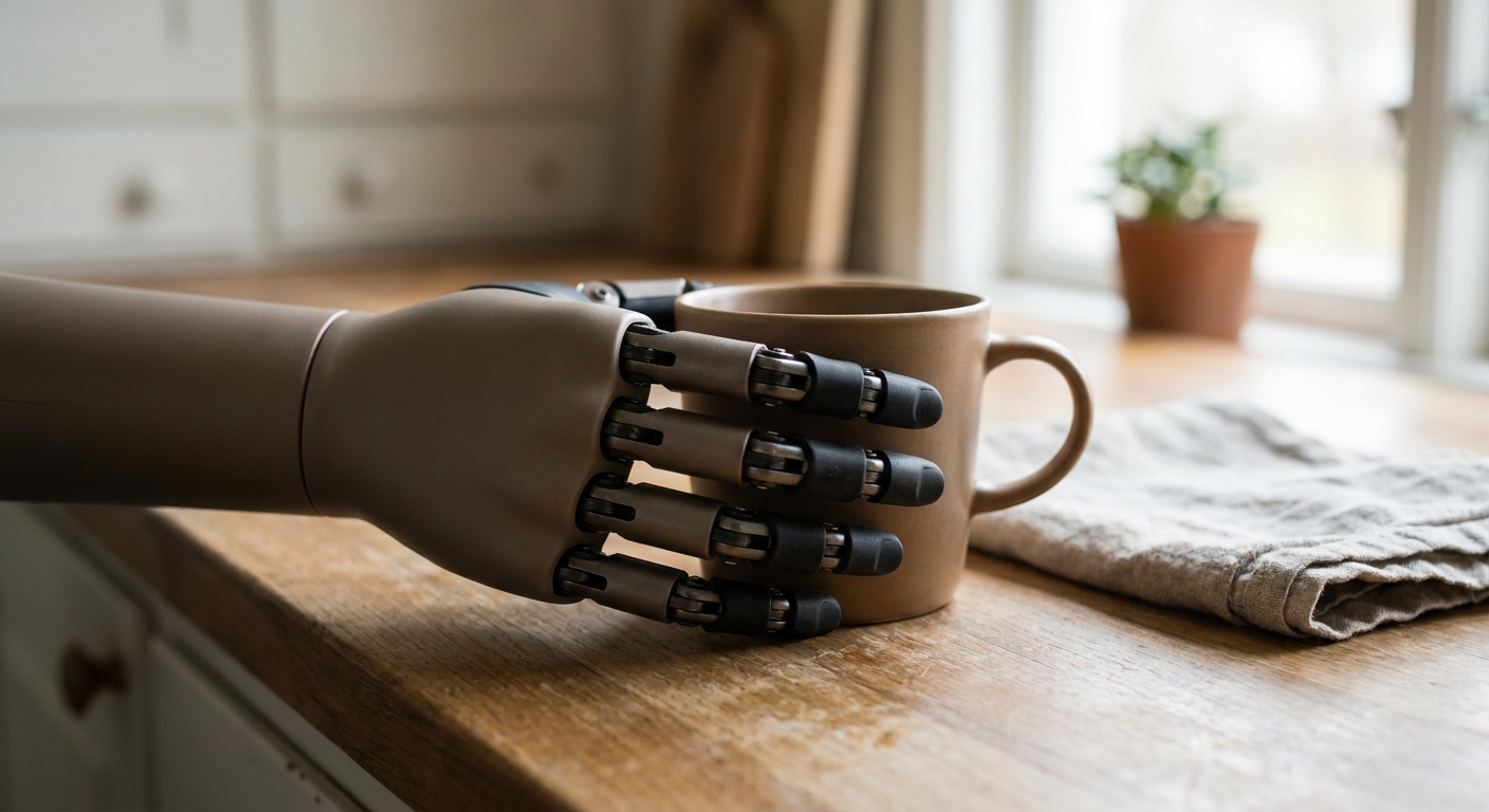 Myoelectric prosthetic hand with articulated fingers holding a ceramic coffee cup
