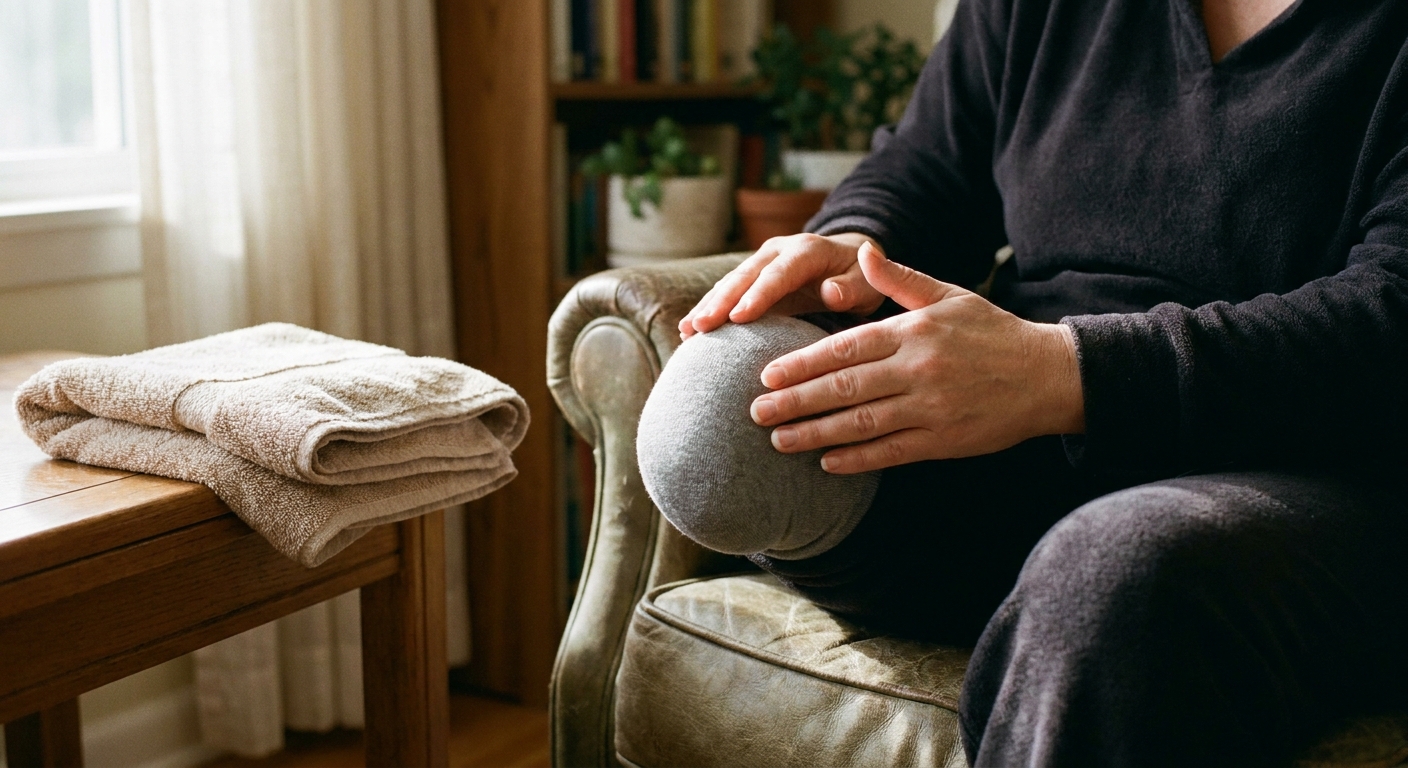 Person practicing residual limb desensitization with gentle massage during physical therapy after lower limb amputation