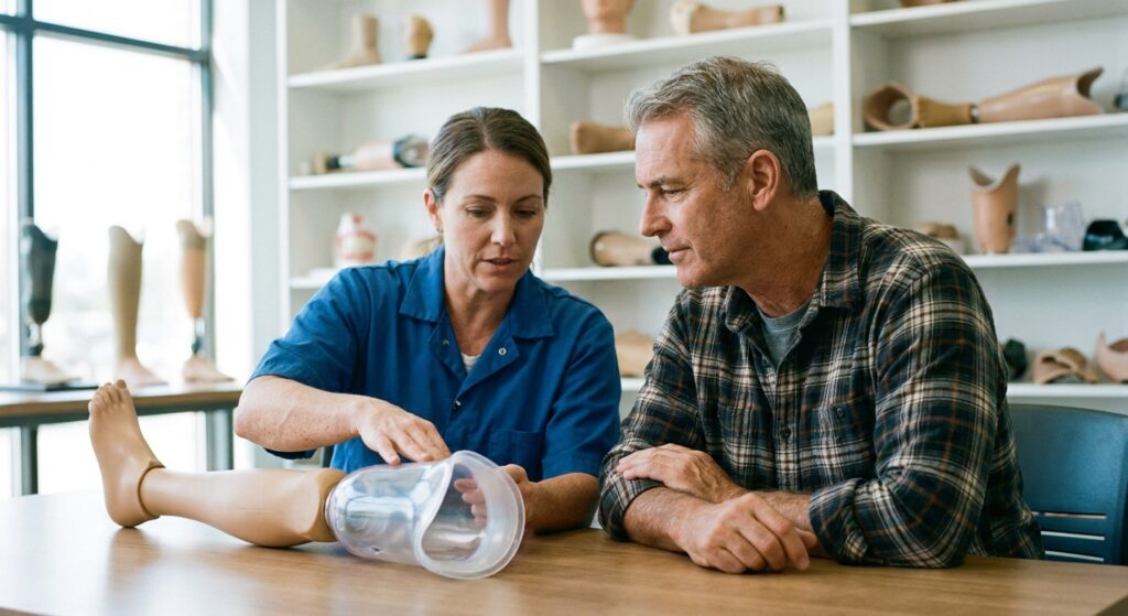 Prosthetist showing a below-knee prosthetic leg and socket to a man during a clinic consultation about amputation levels