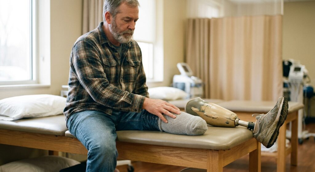 Man with a below-knee amputation resting his hand on his residual limb in a clinic