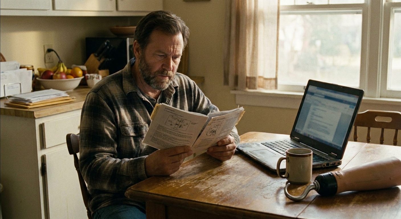 Person comparing health insurance plan documents for prosthetic coverage at a kitchen table