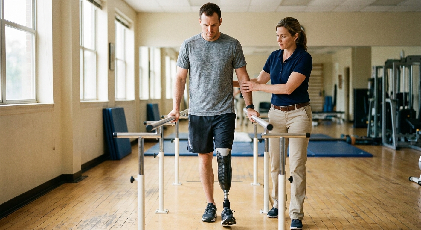 Man with a below-knee prosthetic leg practicing walking between parallel bars with a physical therapist