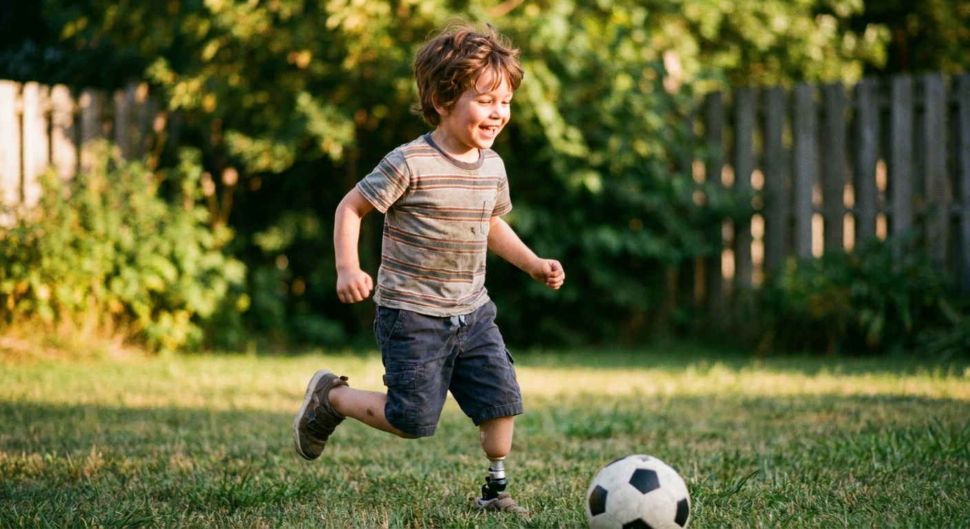 Young boy with a below-knee prosthetic leg running to a soccer ball in a sunny backyard