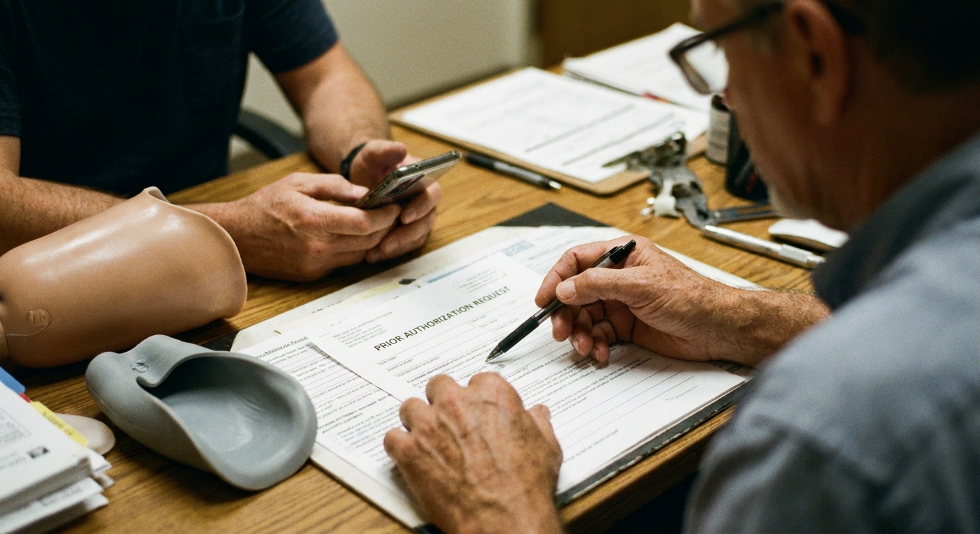 Prosthetist and amputee discussing prior authorization documents to approve prosthetic coverage