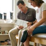 Woman with a below-knee prosthetic leg and a prosthetist reviewing an insurance coverage form at a clinic