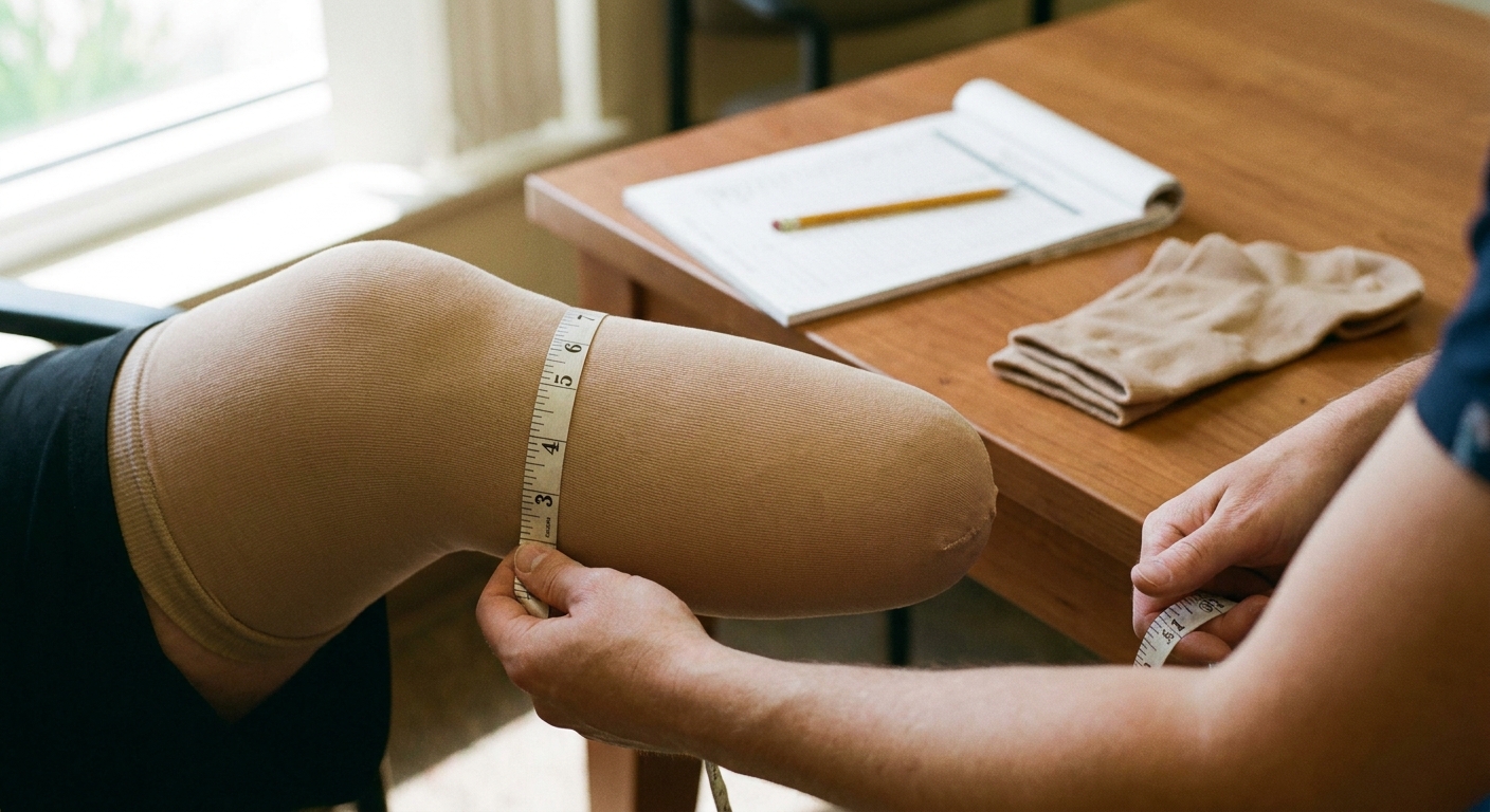 Prosthetist measuring a below-knee residual limb wearing a shrinker sock during a fitting appointment