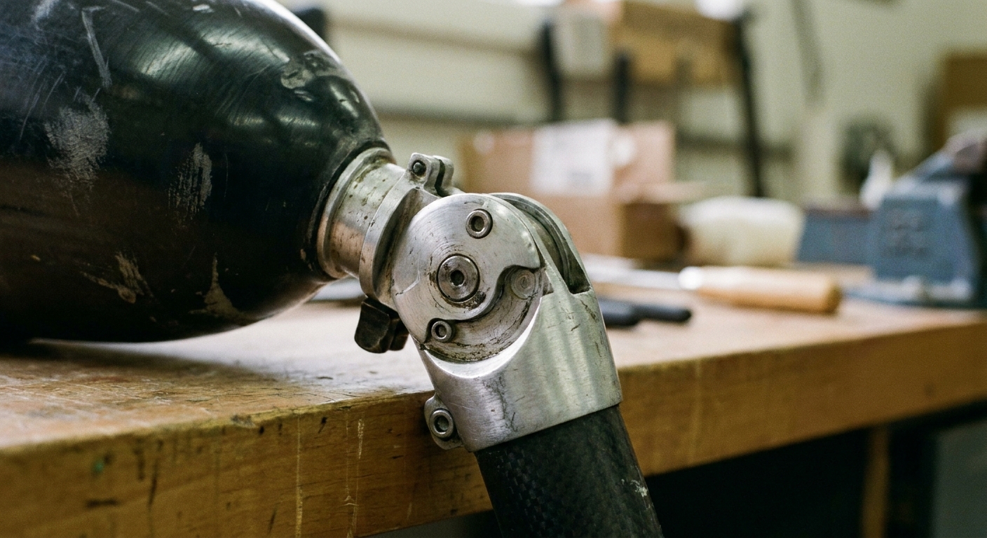 Close-up of a mechanical prosthetic knee joint and pylon below a prosthetic socket
