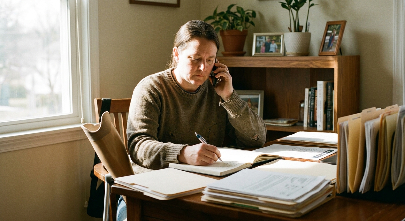 Amputee on the phone organizing documents to appeal a prosthetic claim denial