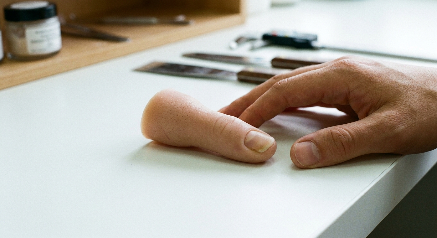Realistic silicone prosthetic thumb with skin tone match and a molded nail