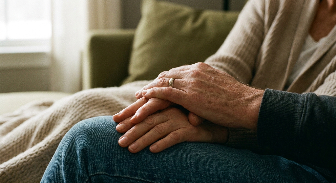 Close-up of two people holding hands warmly while sitting together