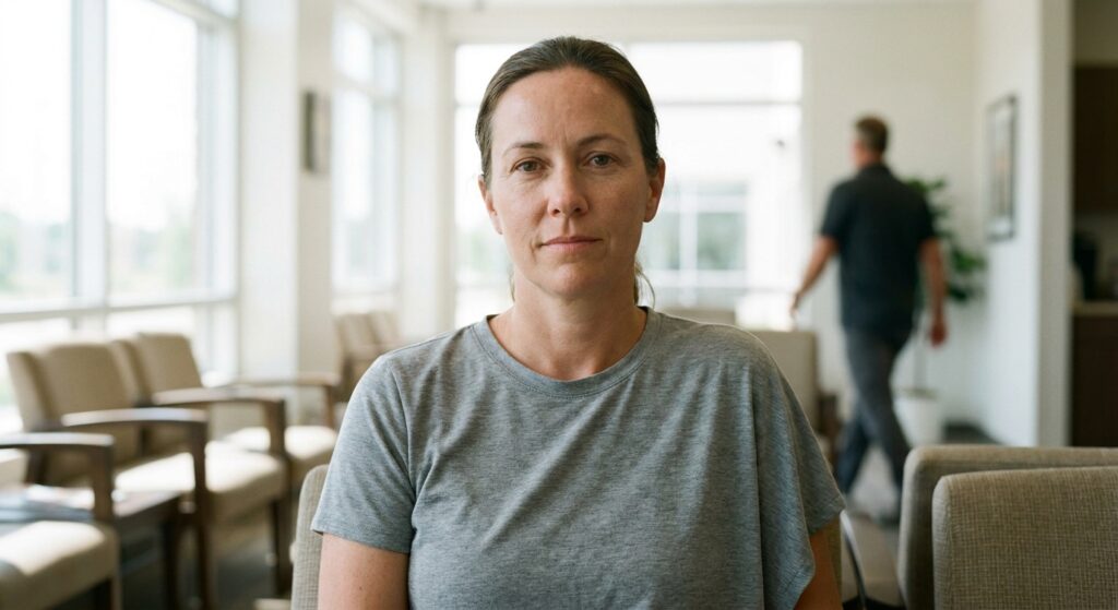 Person sitting calmly in a prosthetics clinic waiting room