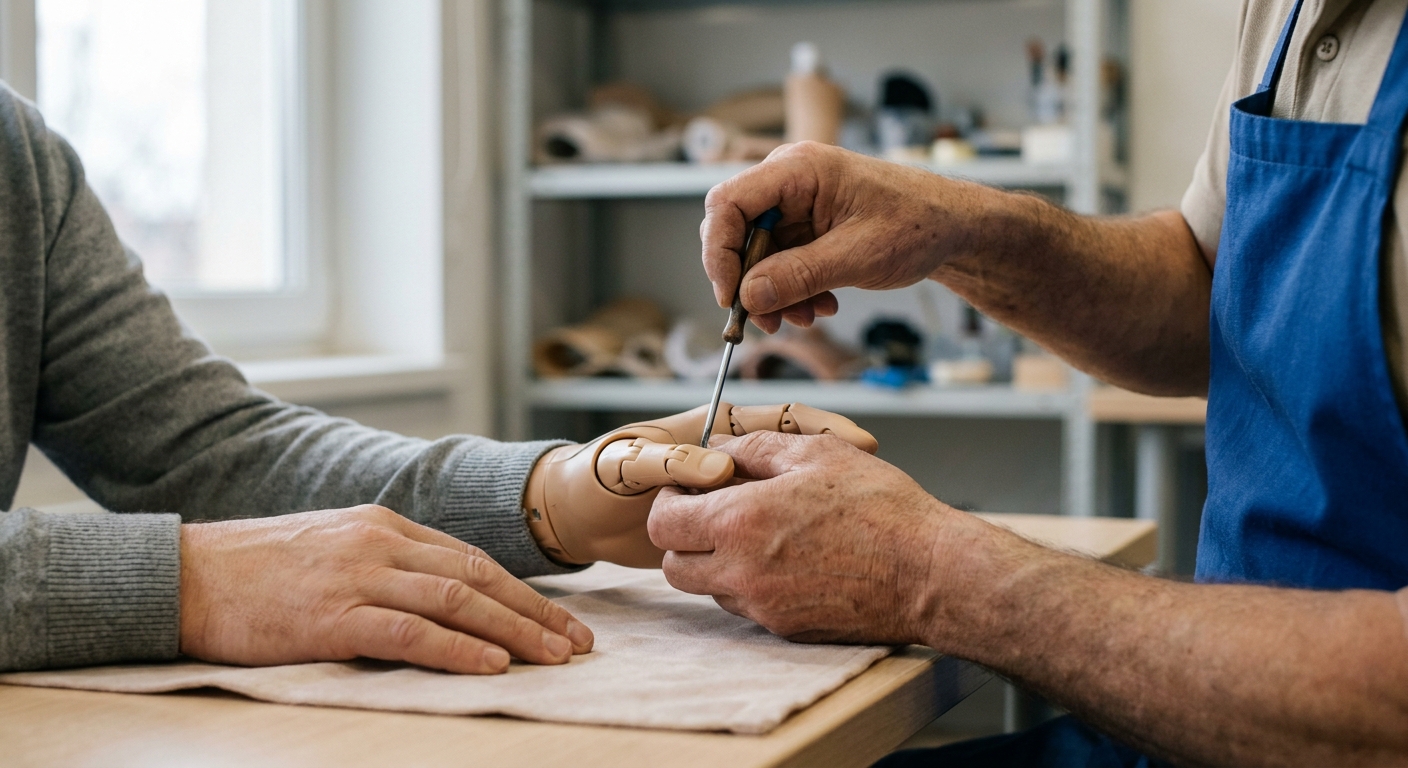 Prosthetist adjusting a partial-hand prosthetic device in a clinic