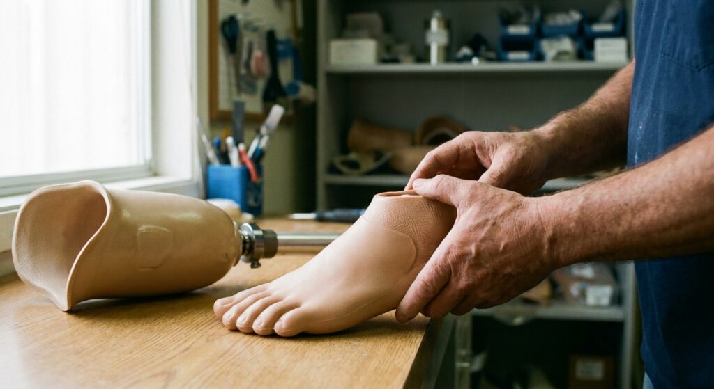 Prosthetist holding a flesh-toned SACH prosthetic foot beside a below-knee socket in a clinic