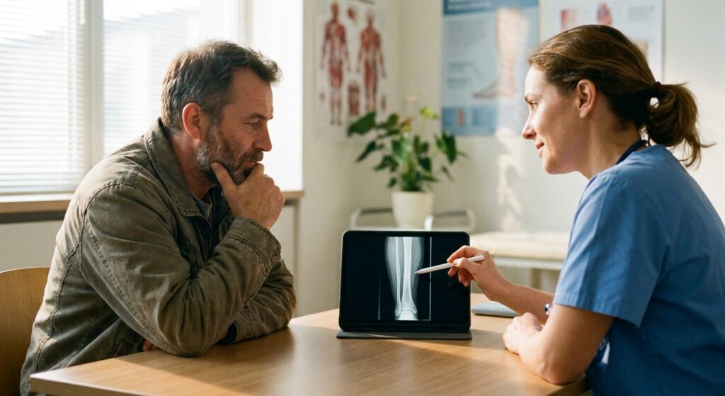 Man considering an elective amputation as a surgeon points to a leg scan on a tablet in a clinic