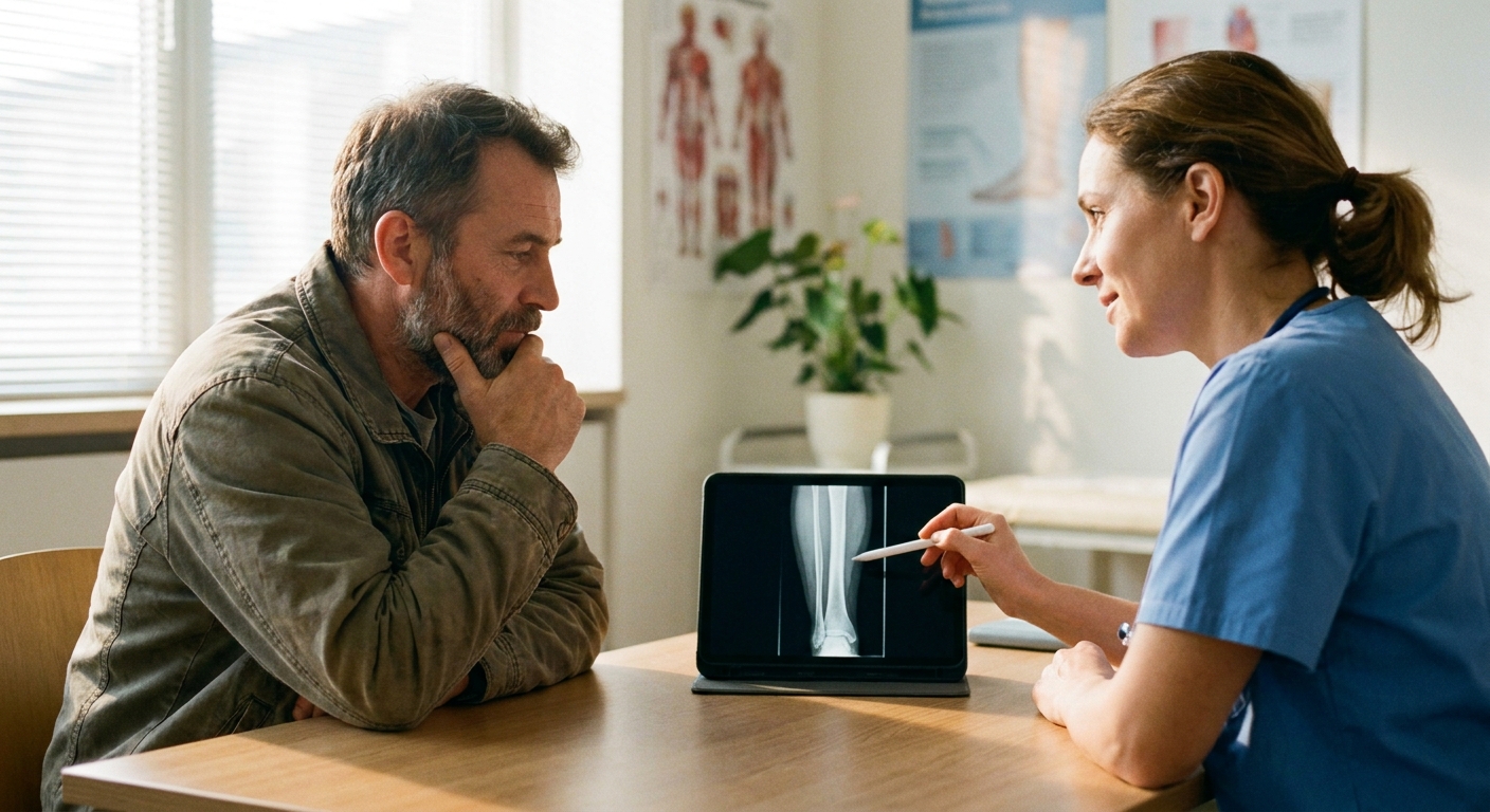 Man considering an elective amputation as a surgeon points to a leg scan on a tablet in a clinic