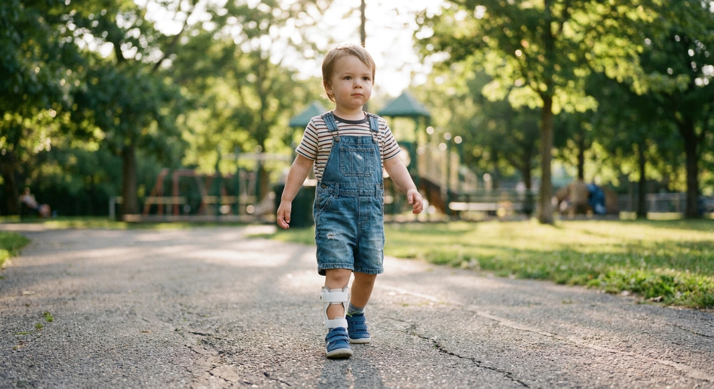 Young child wearing a white ankle-foot orthosis brace walking on a park path