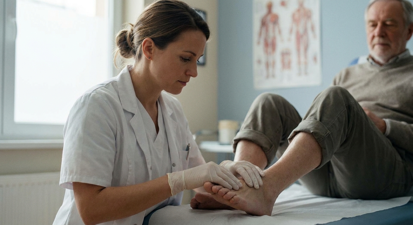 Podiatrist gently examining an older man's foot during a clinic appointment