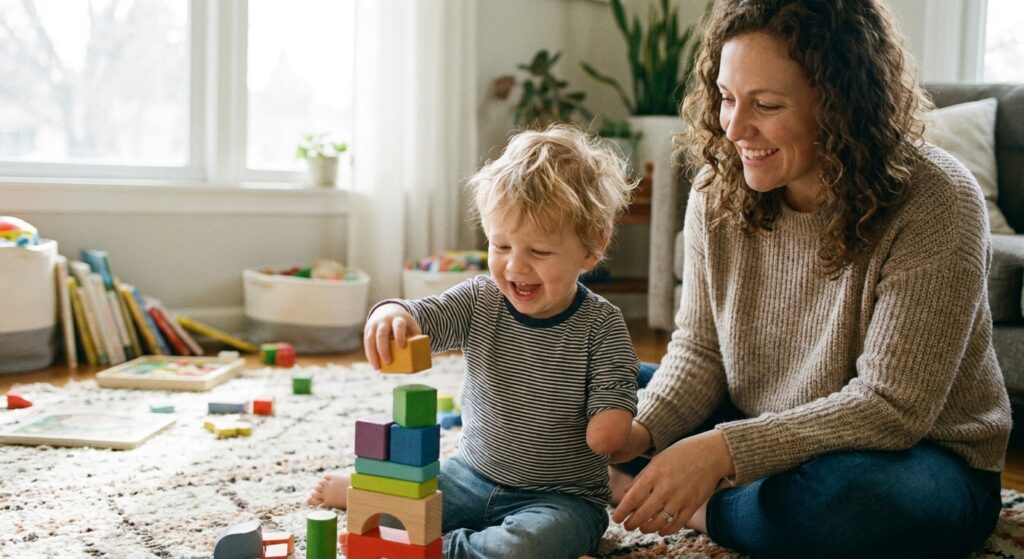 Parent and smiling toddler with a limb difference playing with wooden blocks on a living room floor