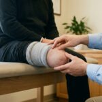 Clinician examining the end of an adult below-knee residual limb at the amputation site in a clinic