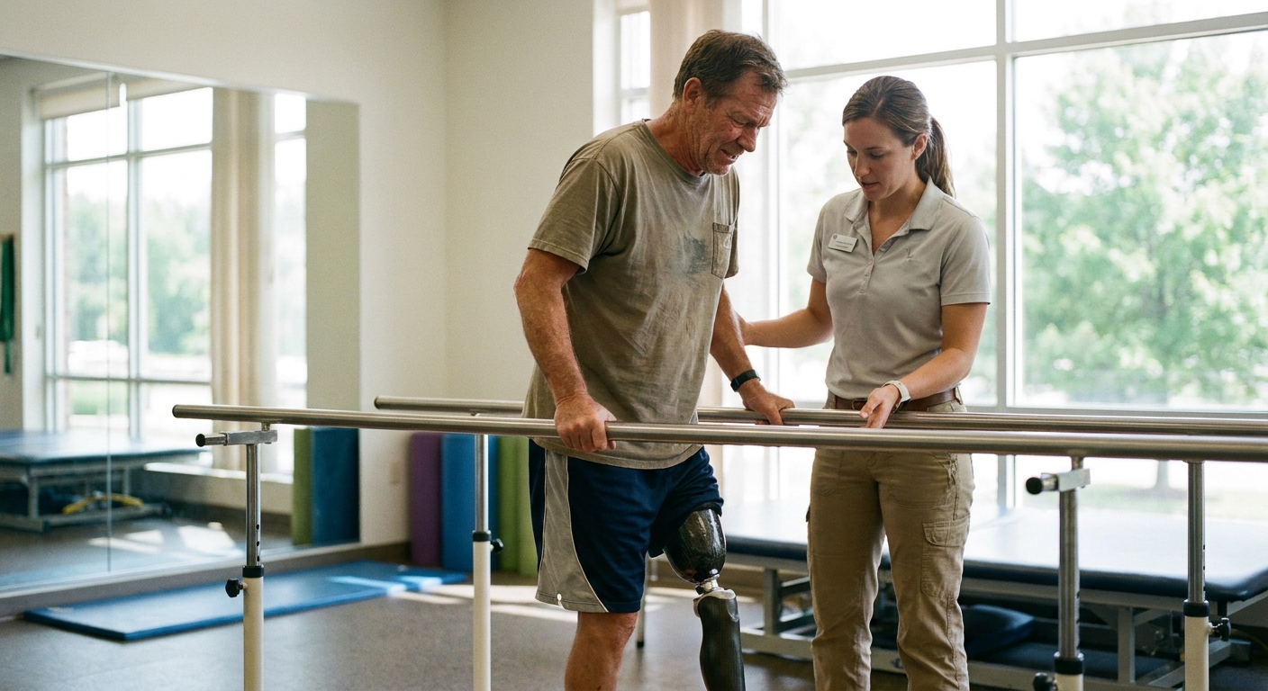 Person practicing gait training with a prosthetic leg during physical therapy