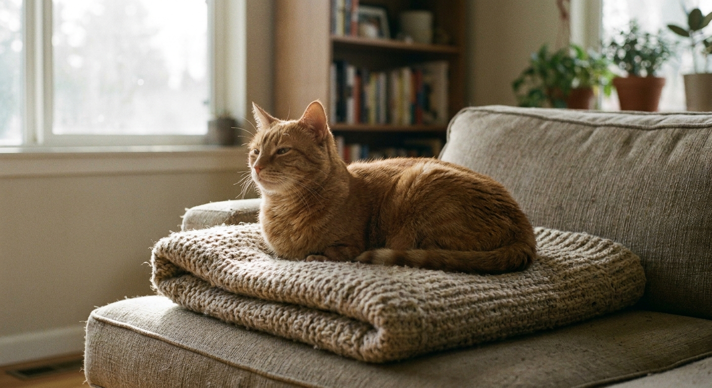 Orange cat resting on a folded blanket on a couch in a sunlit living room